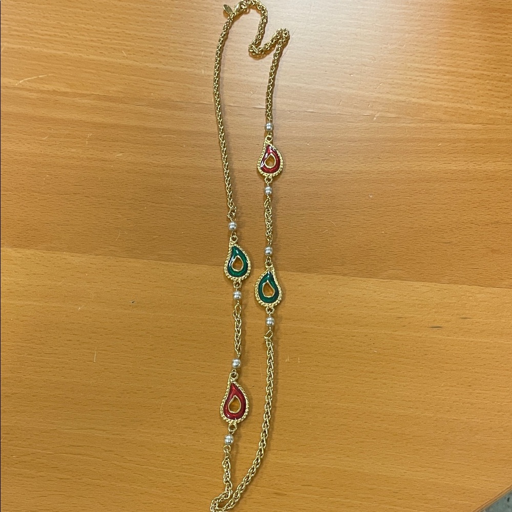 Kenneth Jay Lane Gold Tone Necklace with Red and Green Teardrops